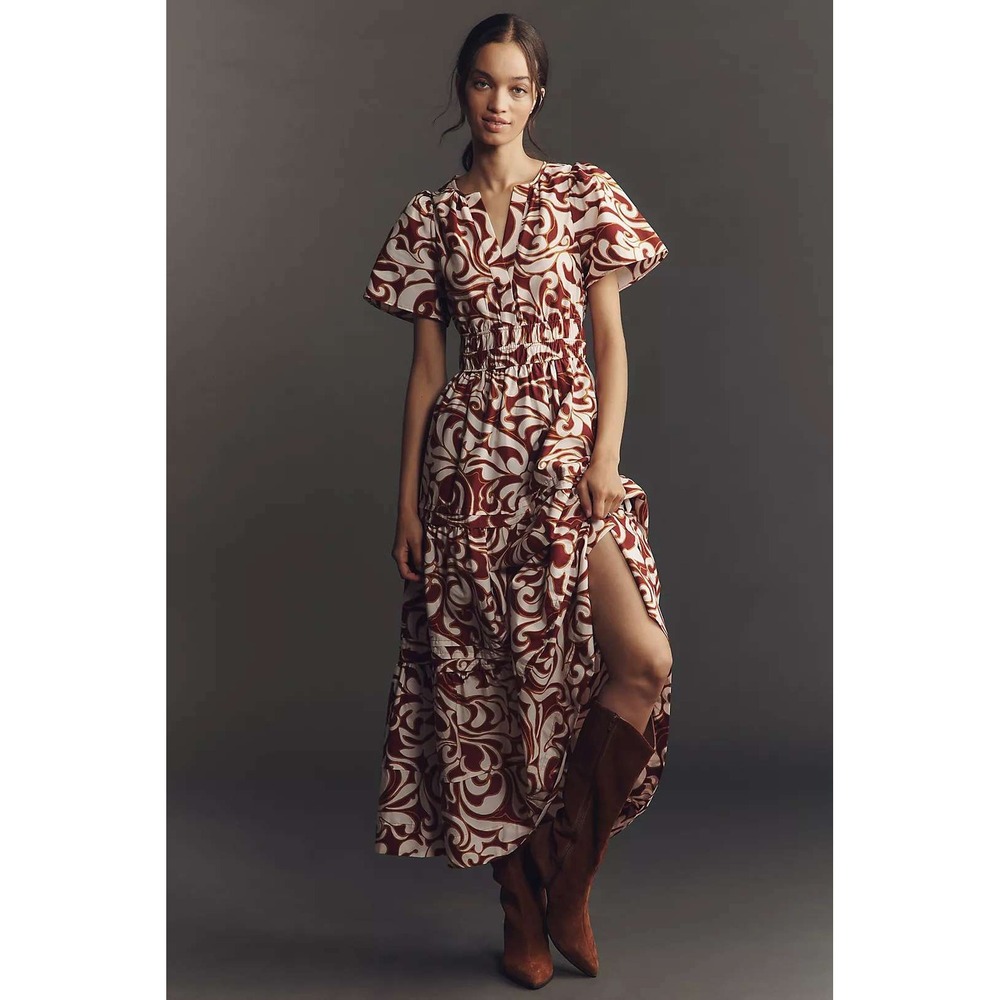 Anthropologie Somerset Maxi Dress XS Burgundy Cream Printed Smocked Tiered NEW